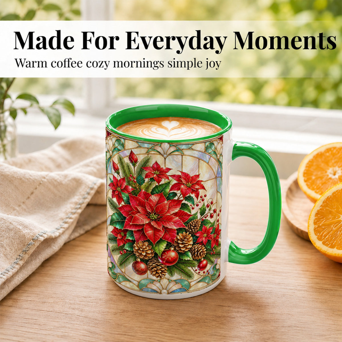 #pl[15oz|Green] Christmas Poinsettia Coffee Mug, Stained Glass Style Mug, Ceramic Cup
