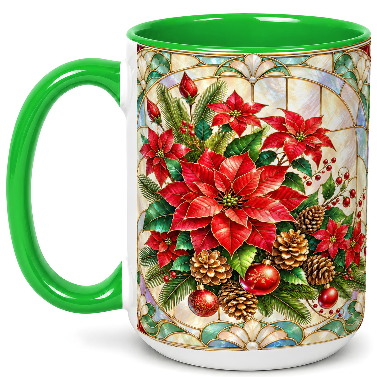 #pl[15oz|Green] Christmas Poinsettia Coffee Mug, Stained Glass Style Mug, Ceramic Cup