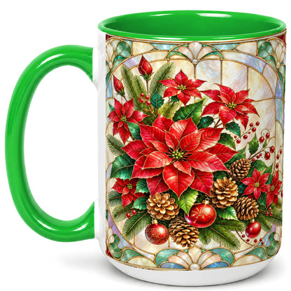 #pl[15oz|Green] Christmas Poinsettia Coffee Mug, Stained Glass Style Mug, Ceramic Cup