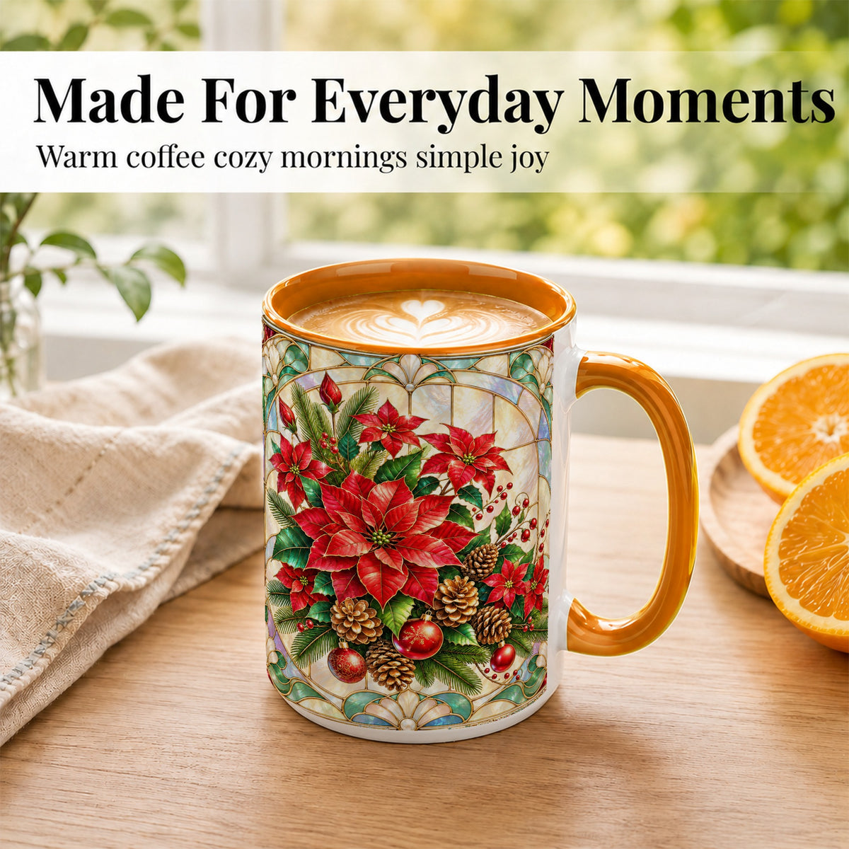 #pl[15oz|Orange] Christmas Poinsettia Coffee Mug, Stained Glass Style Mug, Ceramic Cup