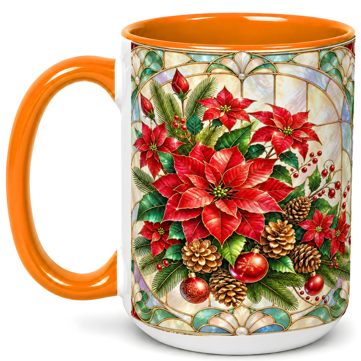 #pl[15oz|Orange] Christmas Poinsettia Coffee Mug, Stained Glass Style Mug, Ceramic Cup