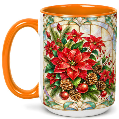#pl[15oz|Orange] Christmas Poinsettia Coffee Mug, Stained Glass Style Mug, Ceramic Cup