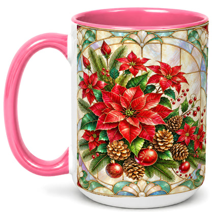 #pl[15oz|Pink] Christmas Poinsettia Coffee Mug, Stained Glass Style Mug, Ceramic Cup