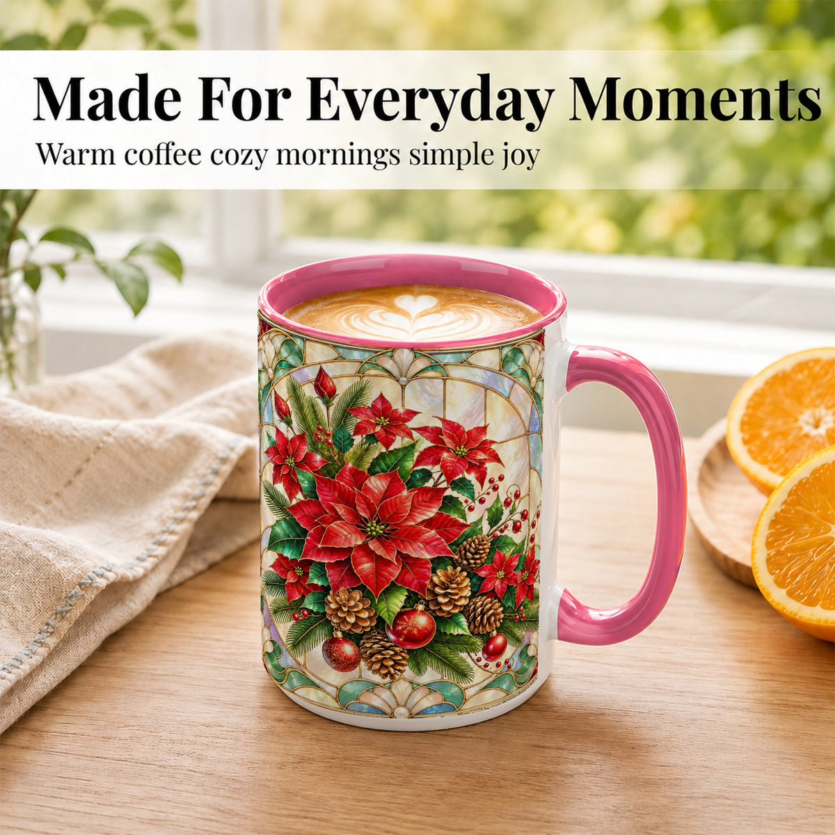 #pl[15oz|Pink] Christmas Poinsettia Coffee Mug, Stained Glass Style Mug, Ceramic Cup