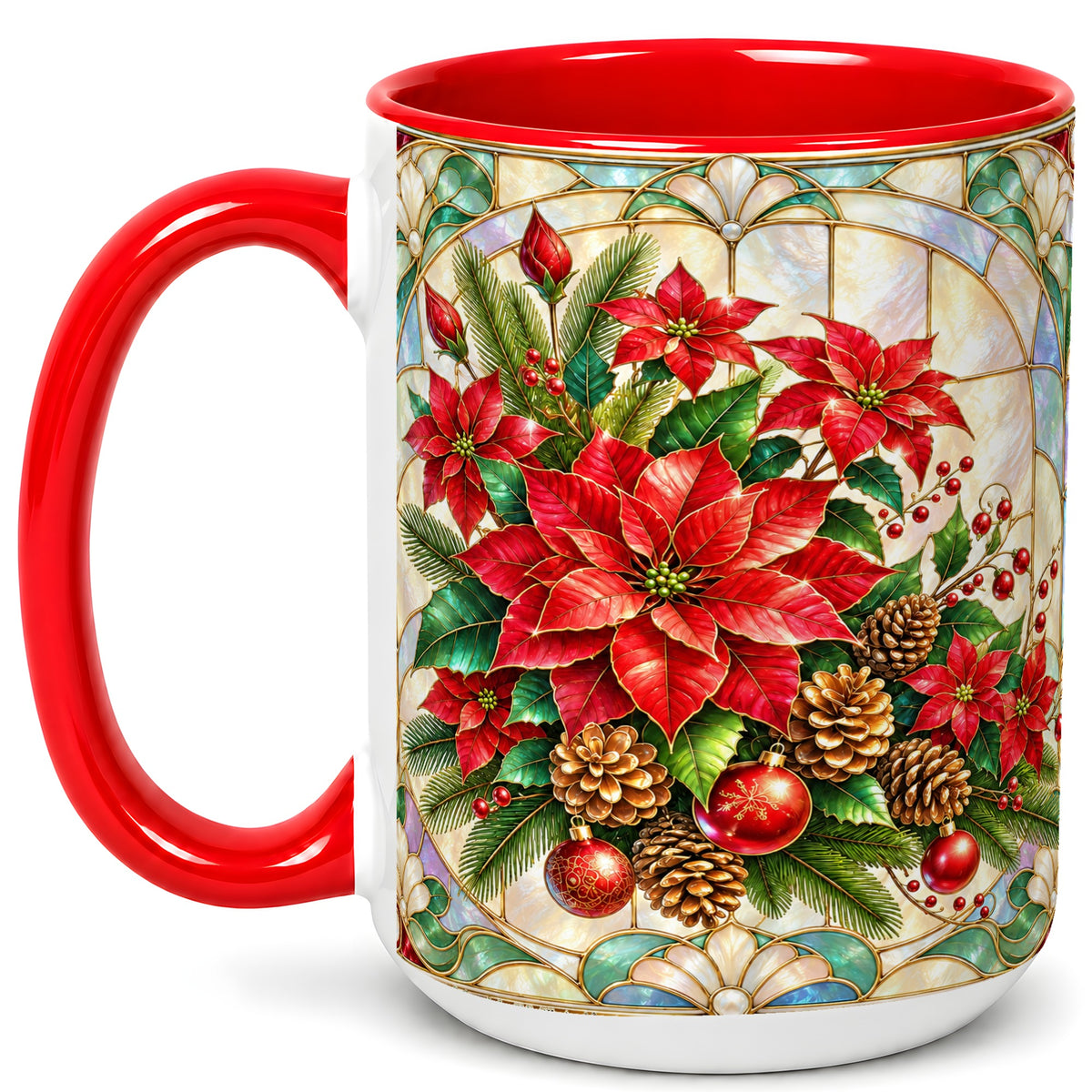 #pl[15oz|Red] Christmas Poinsettia Coffee Mug, Stained Glass Style Mug, Ceramic Cup