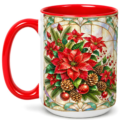 #pl[15oz|Red] Christmas Poinsettia Coffee Mug, Stained Glass Style Mug, Ceramic Cup