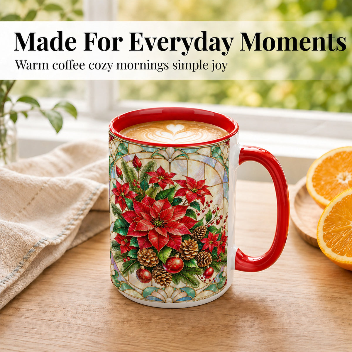 #pl[15oz|Red] Christmas Poinsettia Coffee Mug, Stained Glass Style Mug, Ceramic Cup