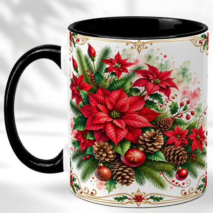 #pl[11oz|Black] Christmas Poinsettia Coffee Mug, Botanical Watercolor Mug, Ceramic Cup