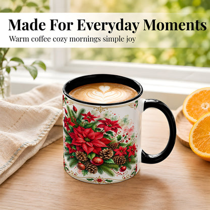 #pl[11oz|Black] Christmas Poinsettia Coffee Mug, Botanical Watercolor Mug, Ceramic Cup