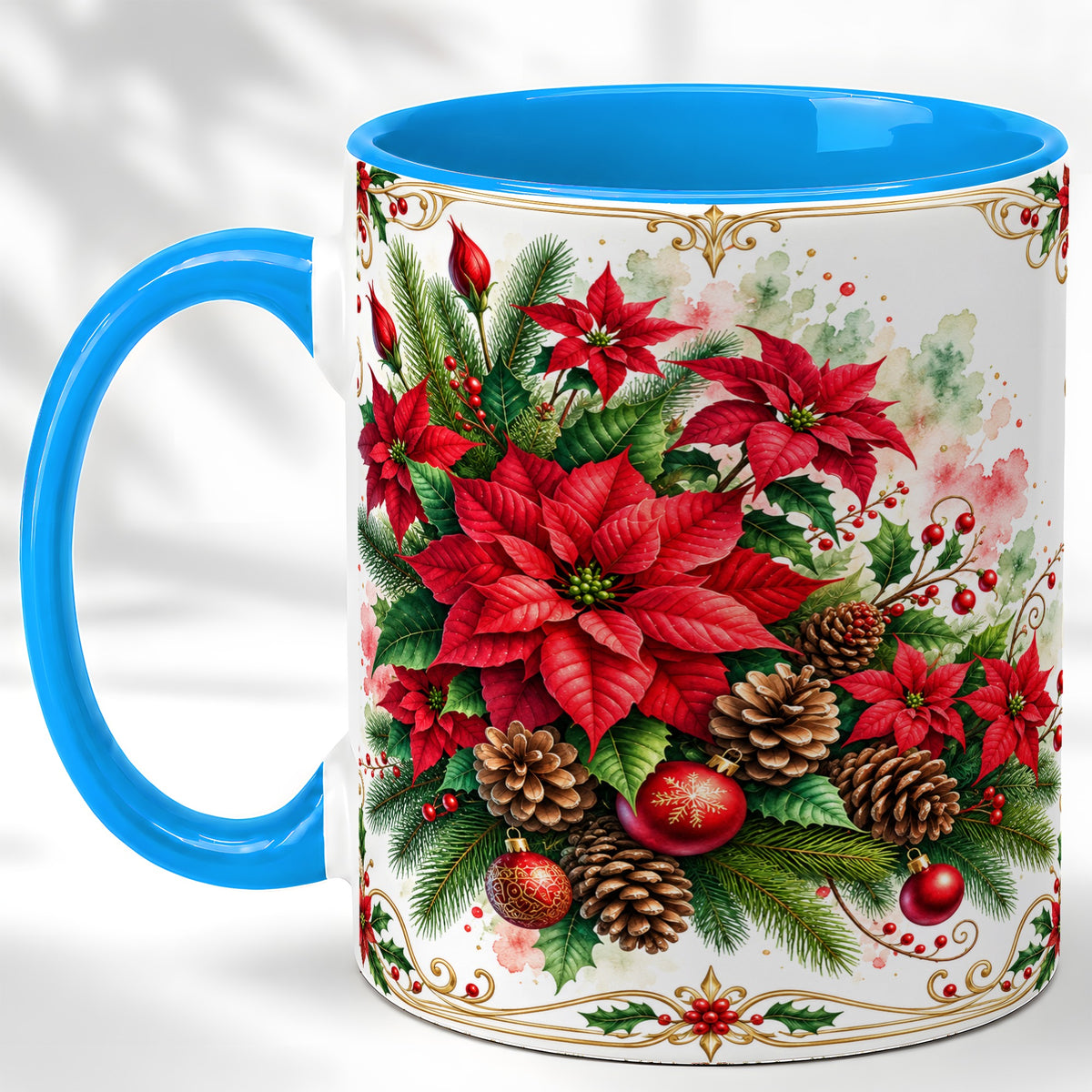 #pl[11oz|Blue] Christmas Poinsettia Coffee Mug, Botanical Watercolor Mug, Ceramic Cup