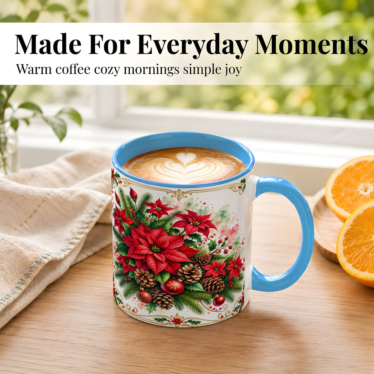#pl[11oz|Blue] Christmas Poinsettia Coffee Mug, Botanical Watercolor Mug, Ceramic Cup