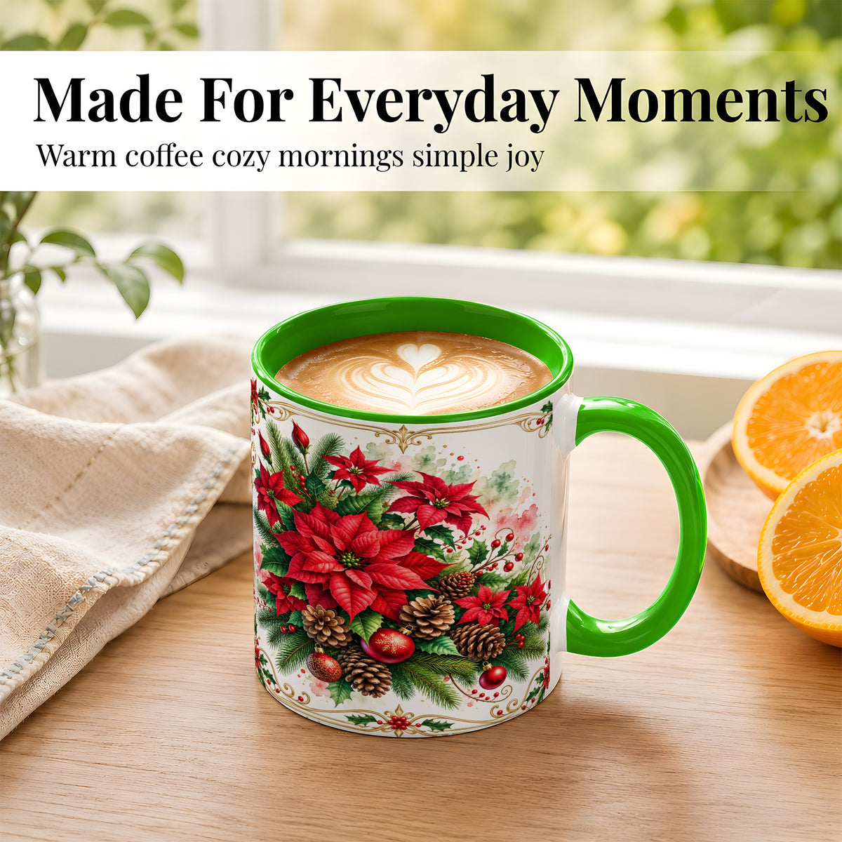 #pl[11oz|Green] Christmas Poinsettia Coffee Mug, Botanical Watercolor Mug, Ceramic Cup
