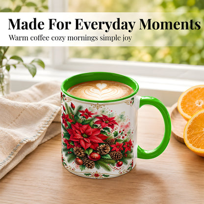 #pl[11oz|Green] Christmas Poinsettia Coffee Mug, Botanical Watercolor Mug, Ceramic Cup