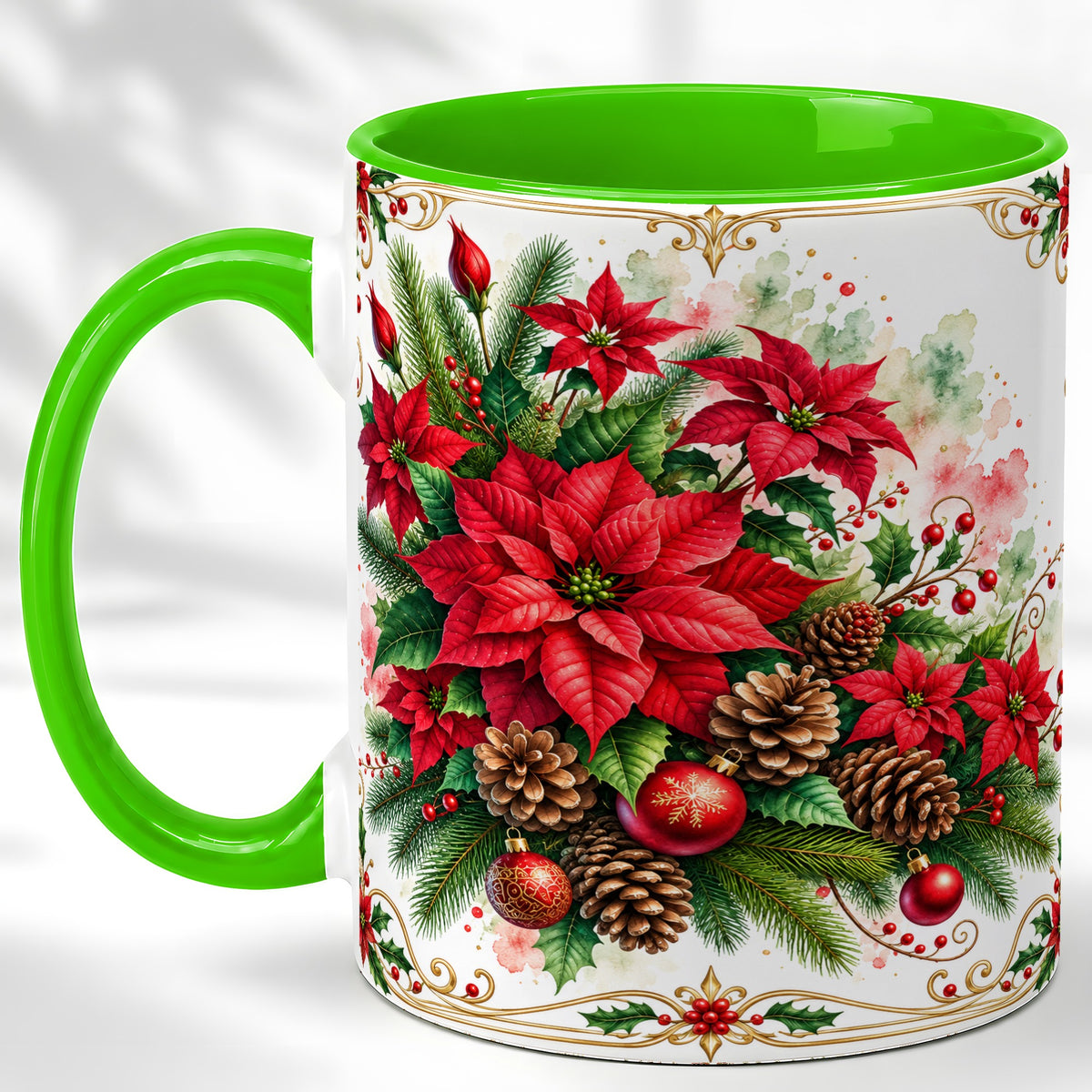 #pl[11oz|Green] Christmas Poinsettia Coffee Mug, Botanical Watercolor Mug, Ceramic Cup