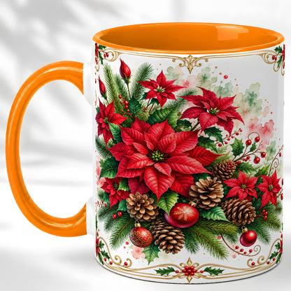 #pl[11oz|Orange] Christmas Poinsettia Coffee Mug, Botanical Watercolor Mug, Ceramic Cup