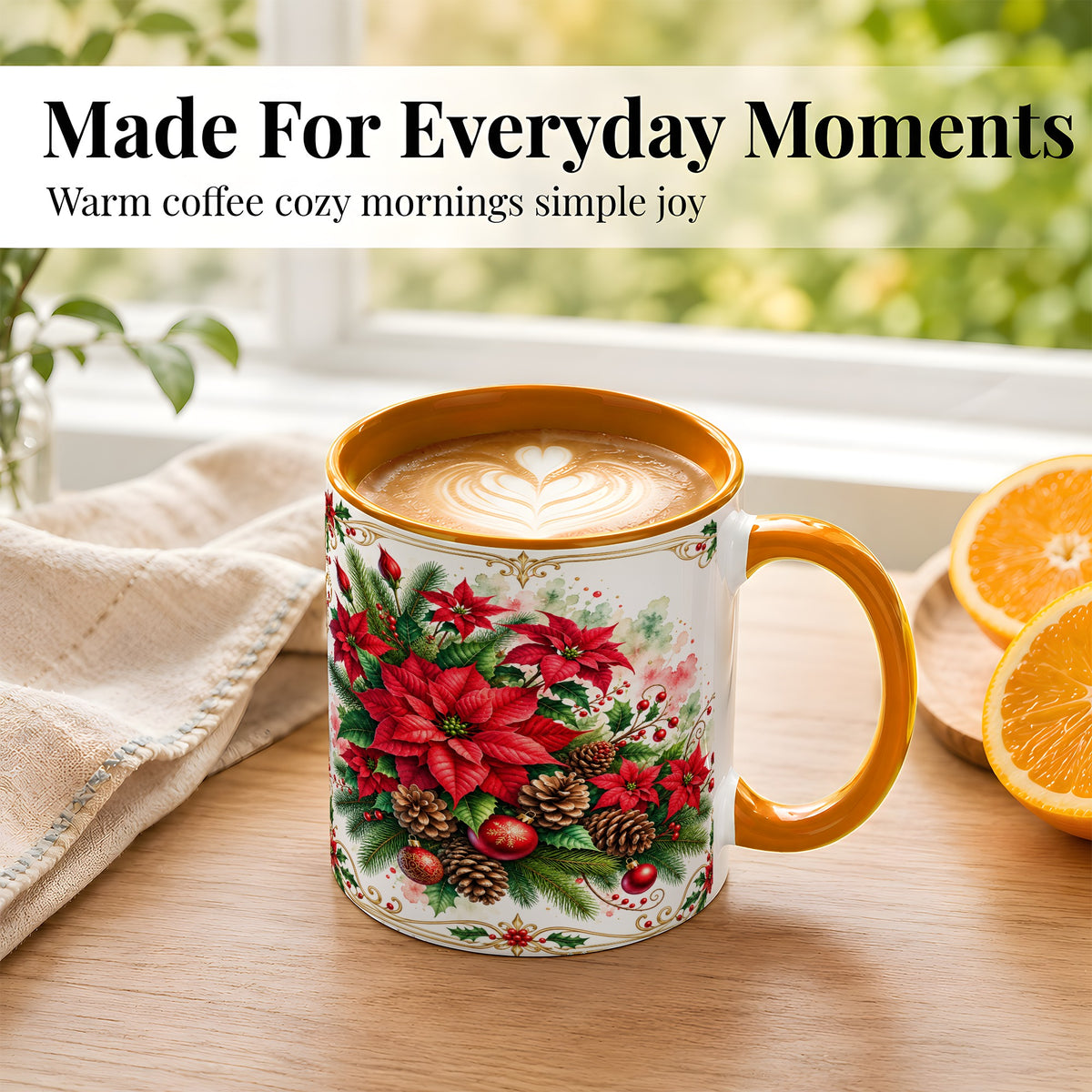 #pl[11oz|Orange] Christmas Poinsettia Coffee Mug, Botanical Watercolor Mug, Ceramic Cup