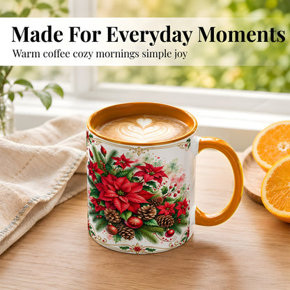 #pl[11oz|Orange] Christmas Poinsettia Coffee Mug, Botanical Watercolor Mug, Ceramic Cup