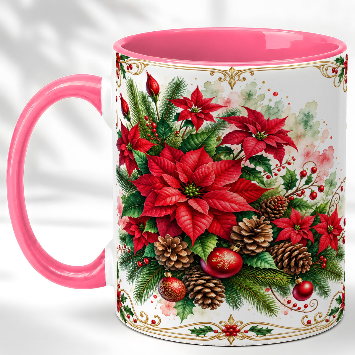 #pl[11oz|Pink] Christmas Poinsettia Coffee Mug, Botanical Watercolor Mug, Ceramic Cup