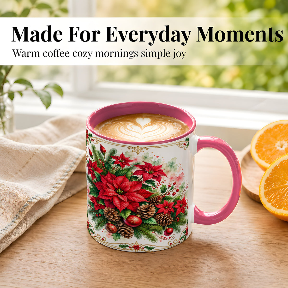 #pl[11oz|Pink] Christmas Poinsettia Coffee Mug, Botanical Watercolor Mug, Ceramic Cup