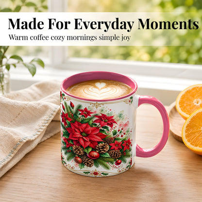 #pl[11oz|Pink] Christmas Poinsettia Coffee Mug, Botanical Watercolor Mug, Ceramic Cup