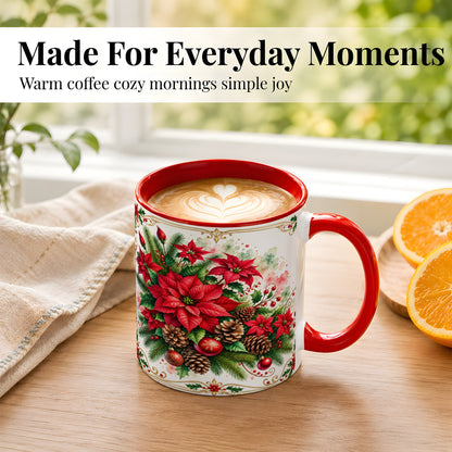 #pl[11oz|Red] Christmas Poinsettia Coffee Mug, Botanical Watercolor Mug, Ceramic Cup