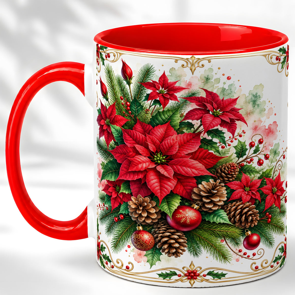 Christmas Poinsettia Coffee Mug, Botanical Watercolor Mug, Ceramic Cup