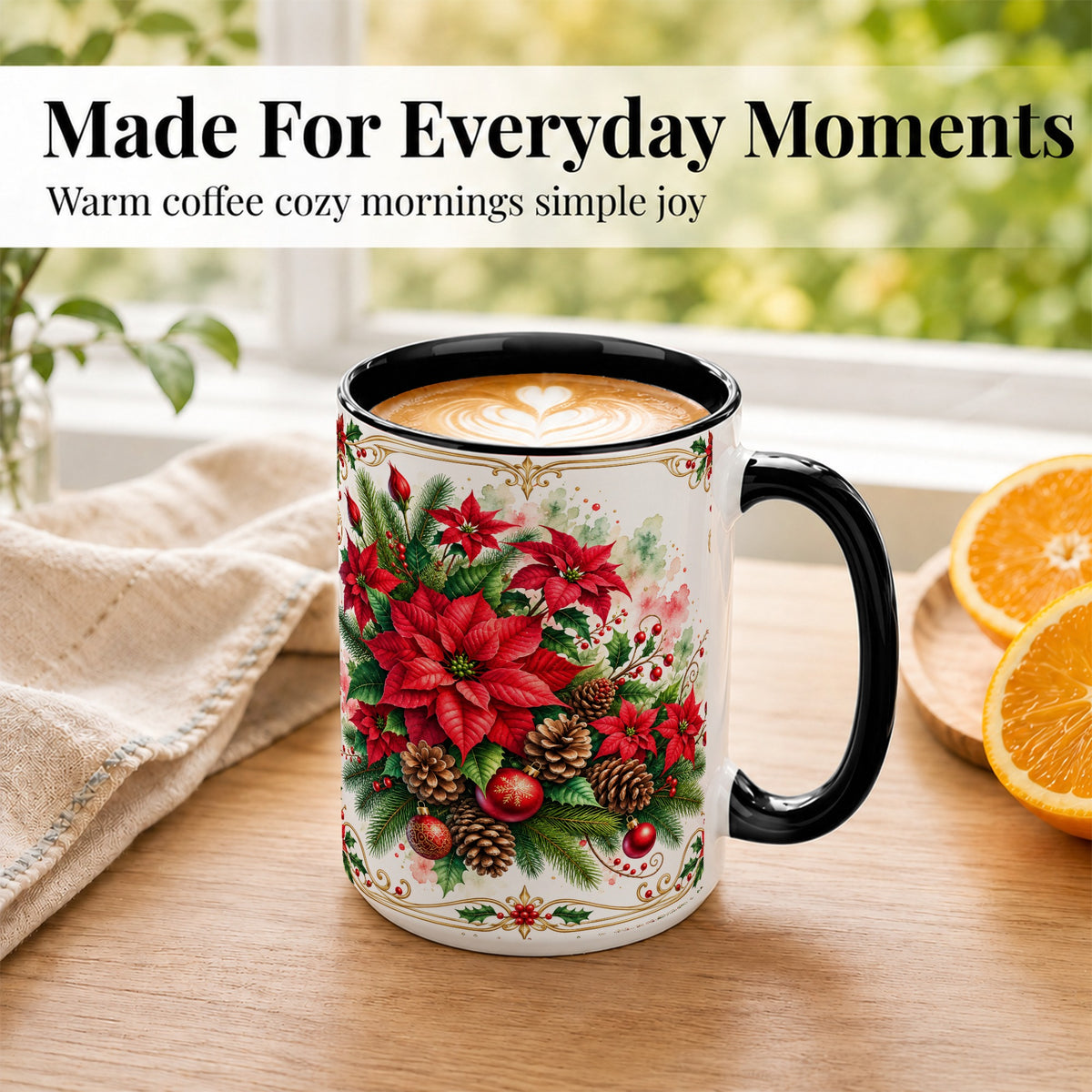 #pl[15oz|Black] Christmas Poinsettia Coffee Mug, Botanical Watercolor Mug, Ceramic Cup