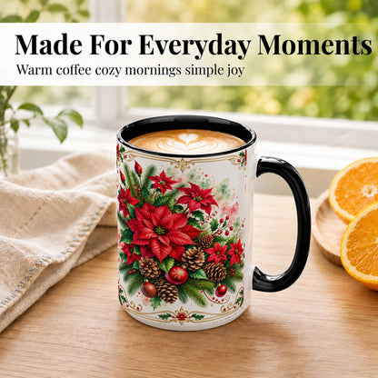 #pl[15oz|Black] Christmas Poinsettia Coffee Mug, Botanical Watercolor Mug, Ceramic Cup