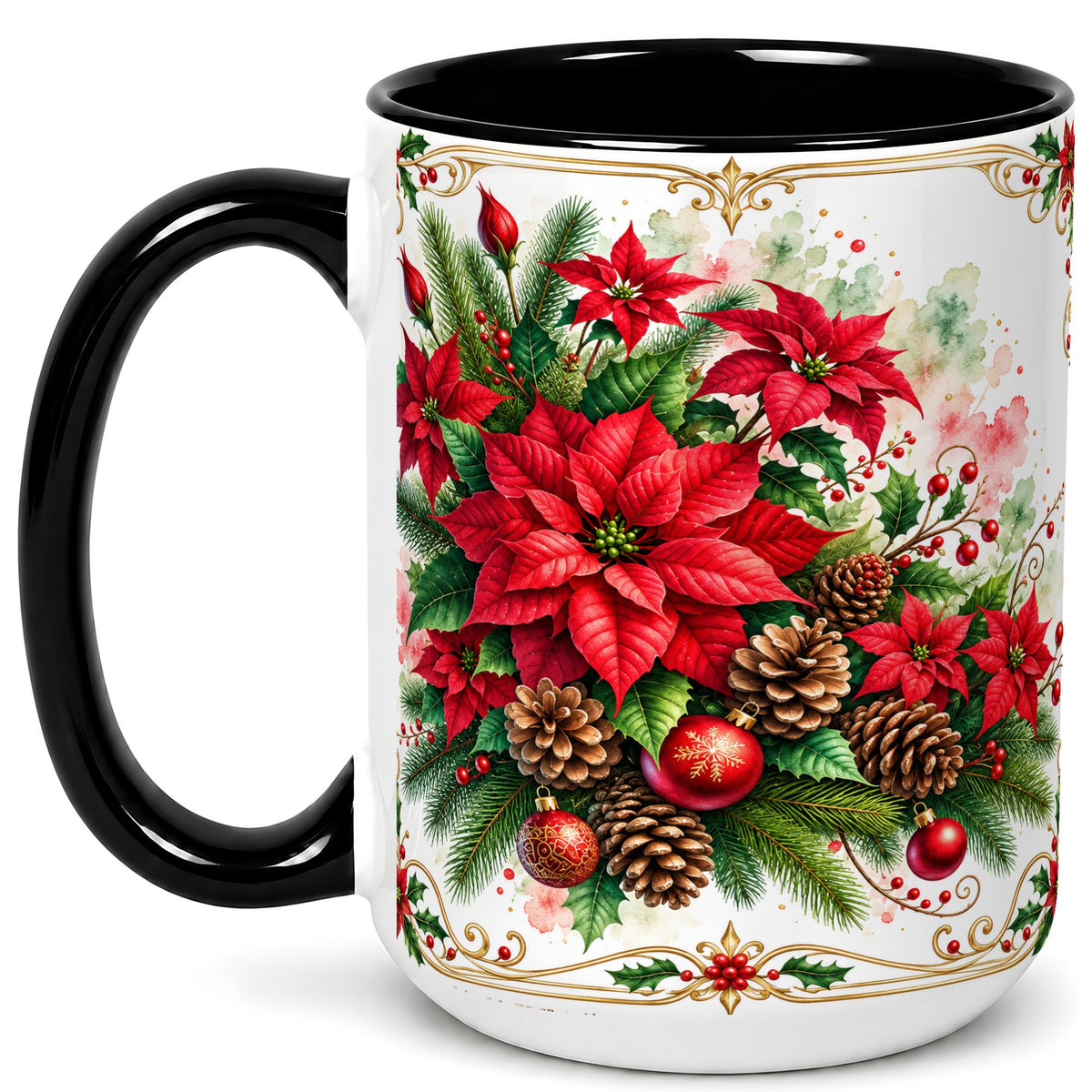 #pl[15oz|Black] Christmas Poinsettia Coffee Mug, Botanical Watercolor Mug, Ceramic Cup