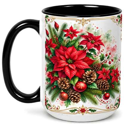 #pl[15oz|Black] Christmas Poinsettia Coffee Mug, Botanical Watercolor Mug, Ceramic Cup