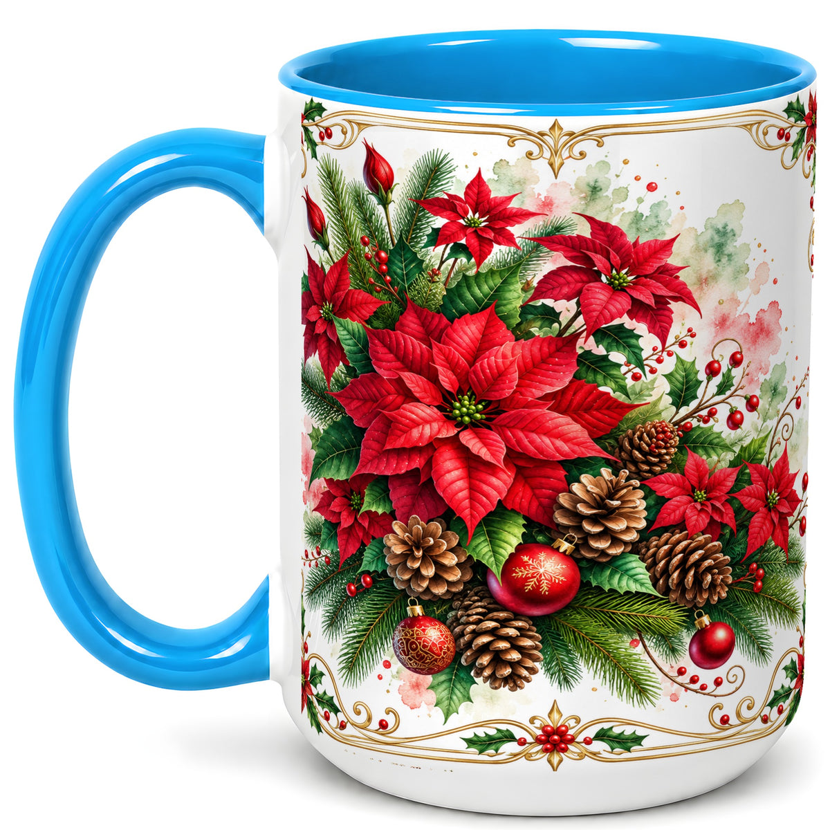 #pl[15oz|Blue] Christmas Poinsettia Coffee Mug, Botanical Watercolor Mug, Ceramic Cup