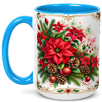 #pl[15oz|Blue] Christmas Poinsettia Coffee Mug, Botanical Watercolor Mug, Ceramic Cup