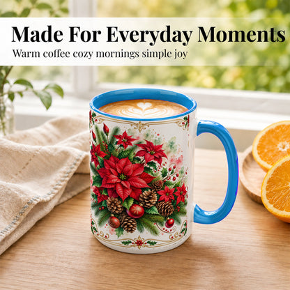 #pl[15oz|Blue] Christmas Poinsettia Coffee Mug, Botanical Watercolor Mug, Ceramic Cup