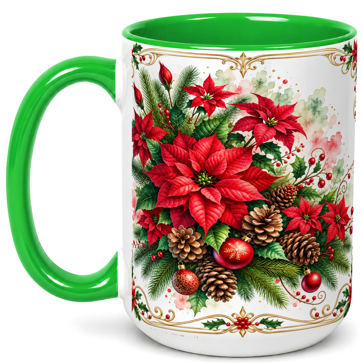 #pl[15oz|Green] Christmas Poinsettia Coffee Mug, Botanical Watercolor Mug, Ceramic Cup