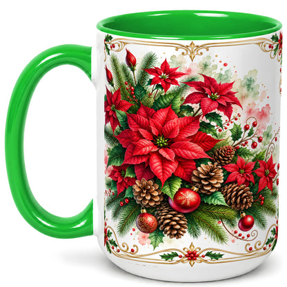 #pl[15oz|Green] Christmas Poinsettia Coffee Mug, Botanical Watercolor Mug, Ceramic Cup