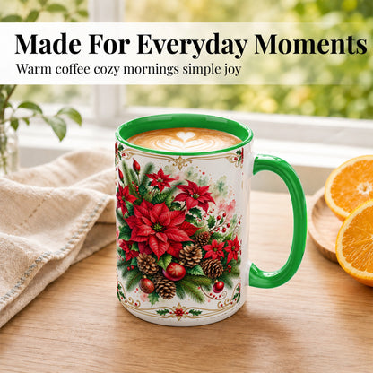 #pl[15oz|Green] Christmas Poinsettia Coffee Mug, Botanical Watercolor Mug, Ceramic Cup