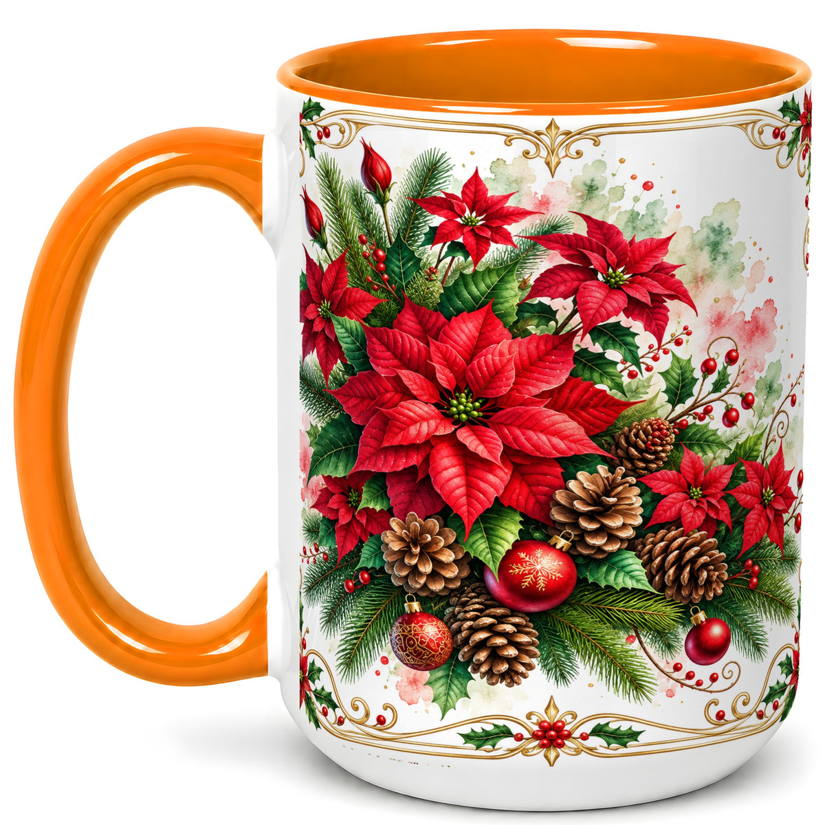 #pl[15oz|Orange] Christmas Poinsettia Coffee Mug, Botanical Watercolor Mug, Ceramic Cup