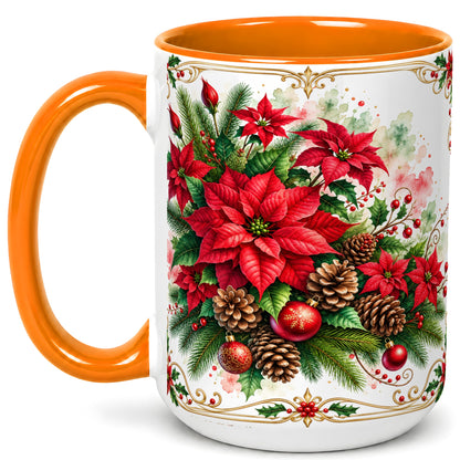 #pl[15oz|Orange] Christmas Poinsettia Coffee Mug, Botanical Watercolor Mug, Ceramic Cup