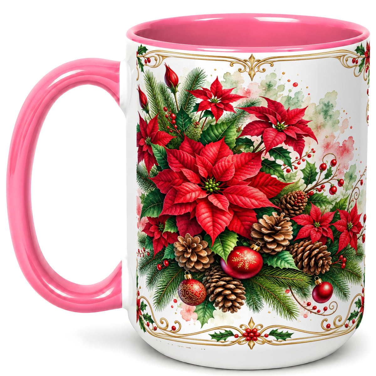 #pl[15oz|Pink] Christmas Poinsettia Coffee Mug, Botanical Watercolor Mug, Ceramic Cup