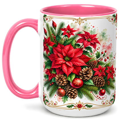 #pl[15oz|Pink] Christmas Poinsettia Coffee Mug, Botanical Watercolor Mug, Ceramic Cup