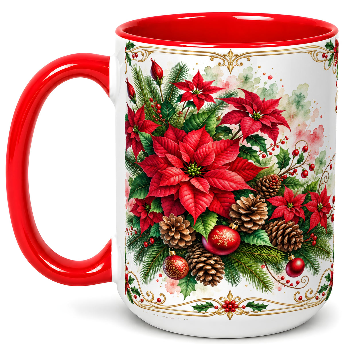 #pl[15oz|Red] Christmas Poinsettia Coffee Mug, Botanical Watercolor Mug, Ceramic Cup