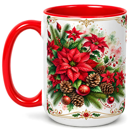 #pl[15oz|Red] Christmas Poinsettia Coffee Mug, Botanical Watercolor Mug, Ceramic Cup