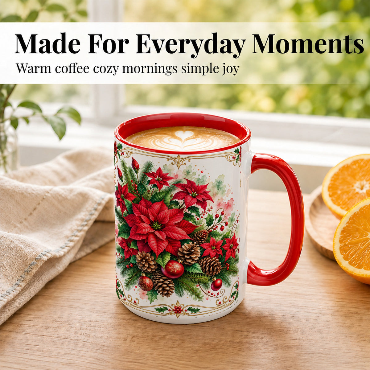 #pl[15oz|Red] Christmas Poinsettia Coffee Mug, Botanical Watercolor Mug, Ceramic Cup