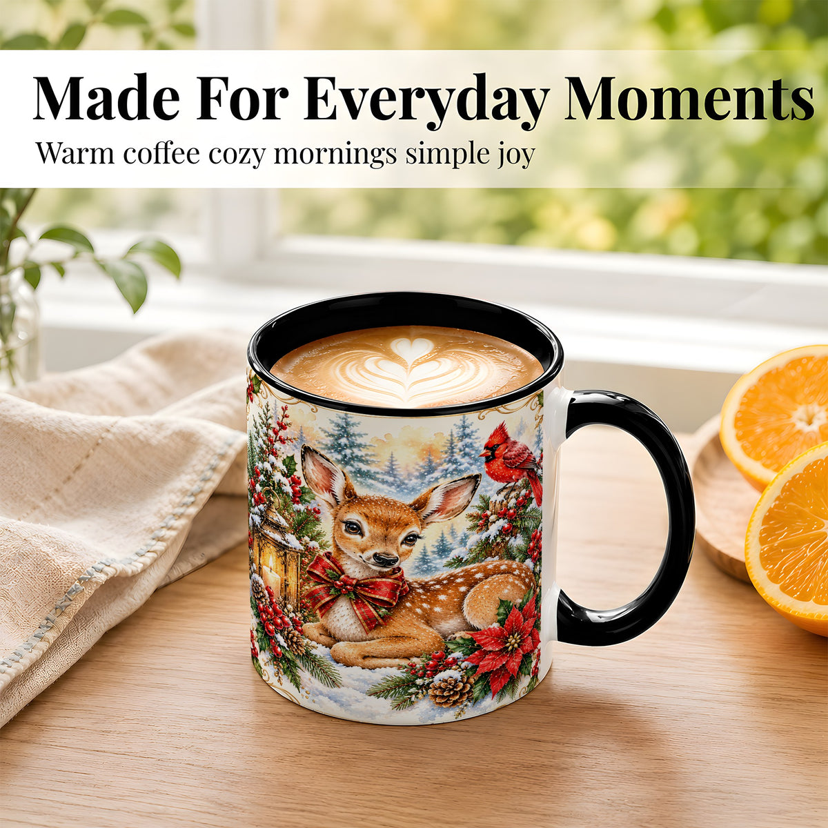 #pl[11oz|Black] Christmas Fawn Coffee Mug, Winter Deer Mug, Ceramic Cup