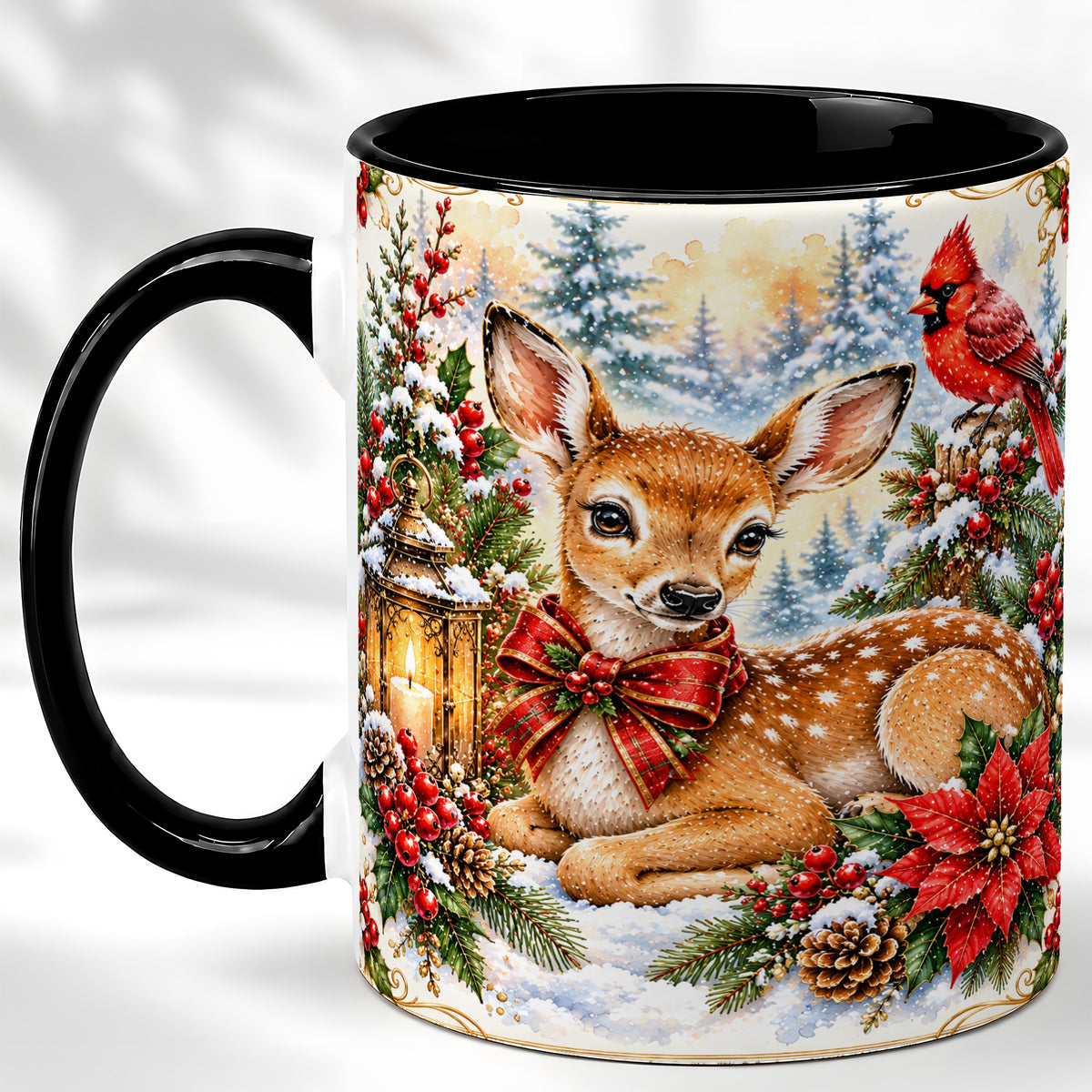 #pl[11oz|Black] Christmas Fawn Coffee Mug, Winter Deer Mug, Ceramic Cup