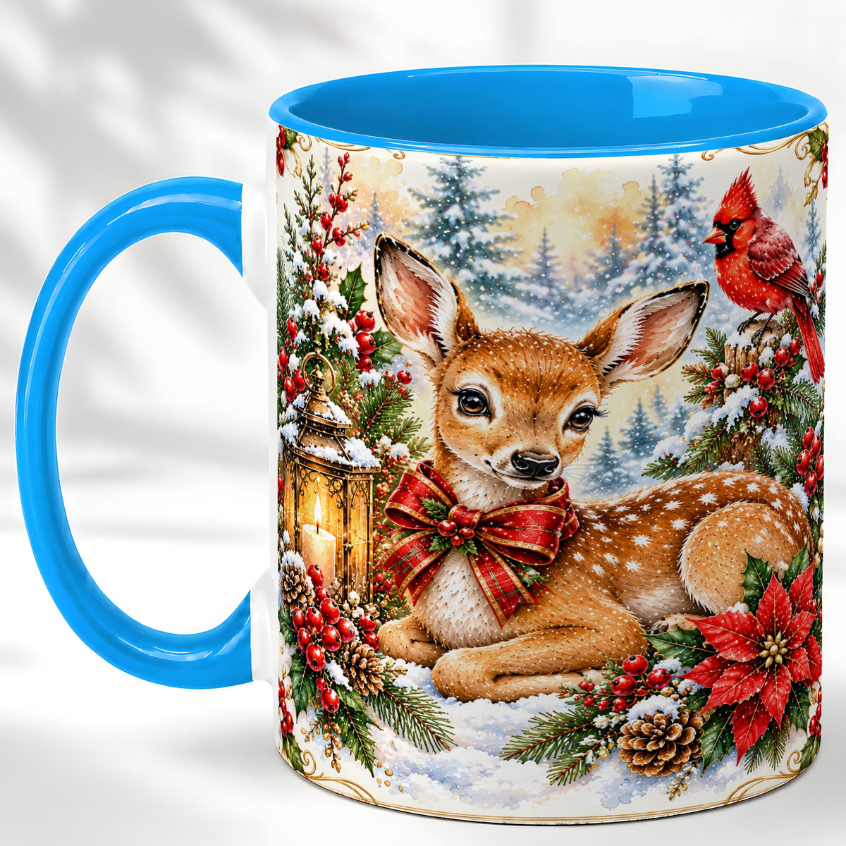 #pl[11oz|Blue] Christmas Fawn Coffee Mug, Winter Deer Mug, Ceramic Cup