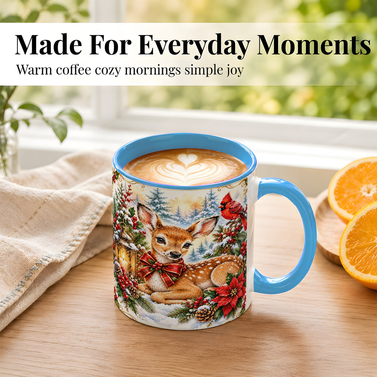 #pl[11oz|Blue] Christmas Fawn Coffee Mug, Winter Deer Mug, Ceramic Cup