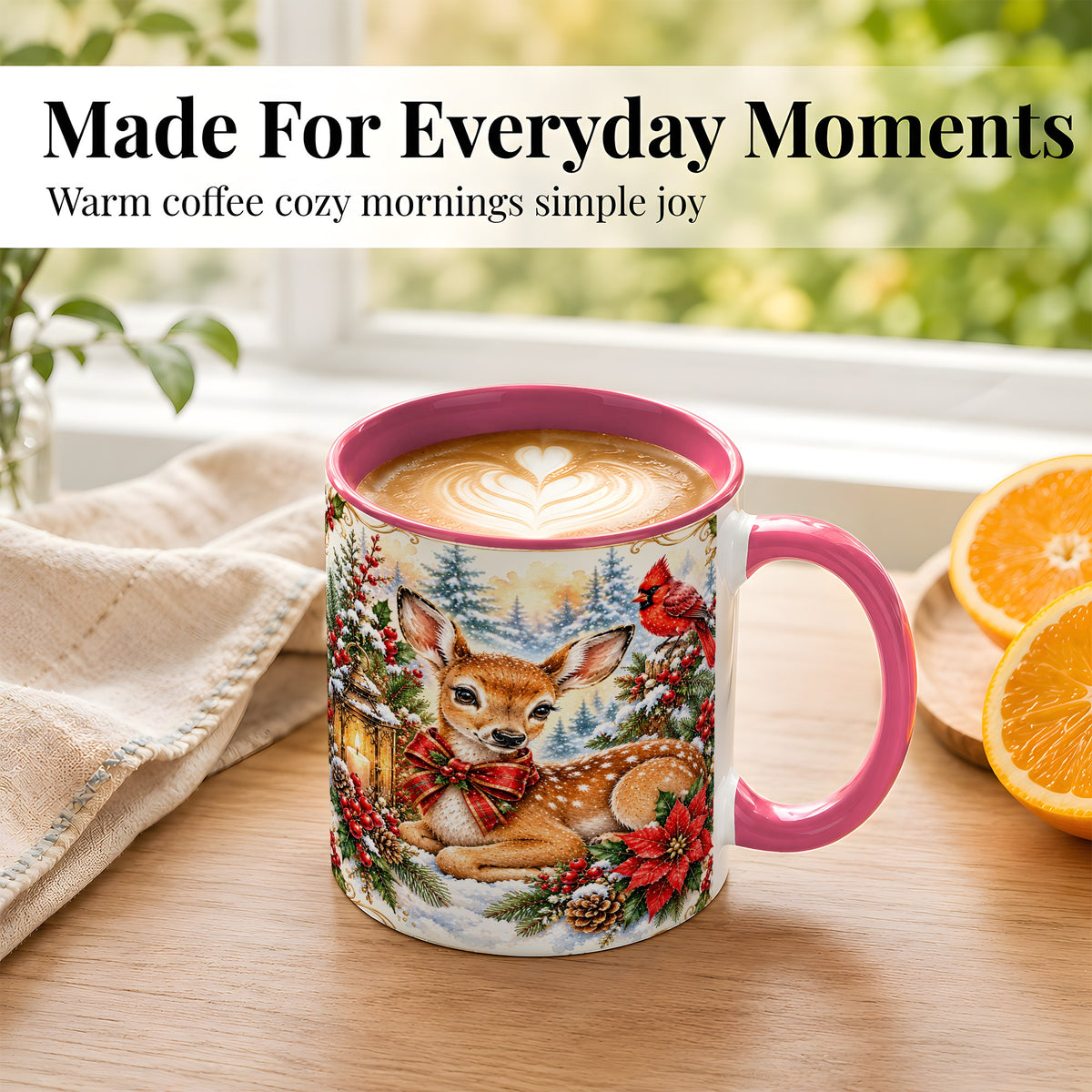#pl[11oz|Pink] Christmas Fawn Coffee Mug, Winter Deer Mug, Ceramic Cup