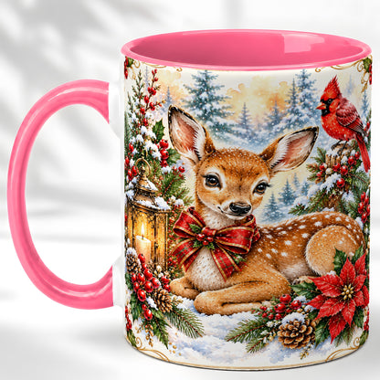 #pl[11oz|Pink] Christmas Fawn Coffee Mug, Winter Deer Mug, Ceramic Cup