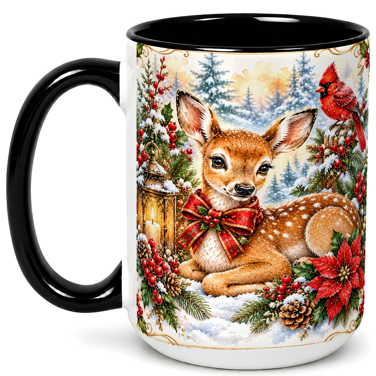 #pl[15oz|Black] Christmas Fawn Coffee Mug, Winter Deer Mug, Ceramic Cup